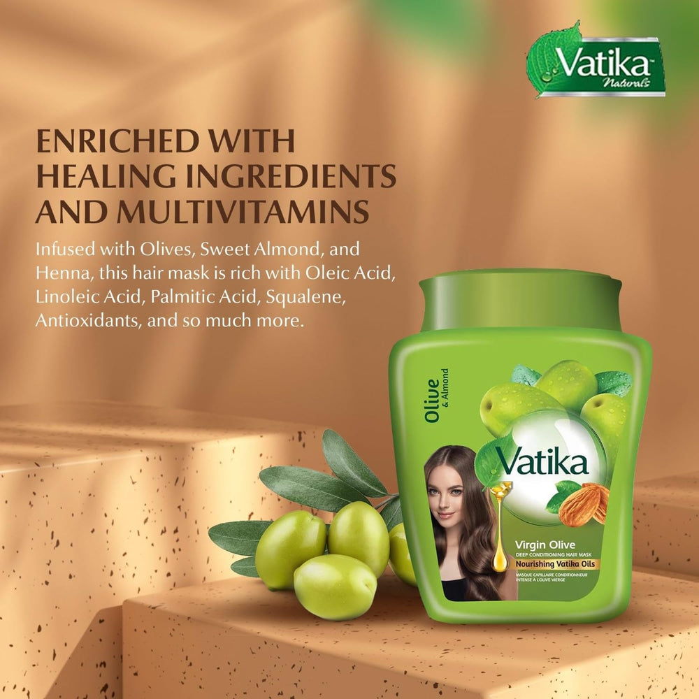 Vatika Naturals Dabur Olive Hair Mask packaging highlights simple, everyday use