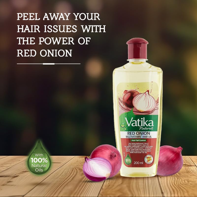 Vatika Naturals red onion essence dropper for scalp nourishment.