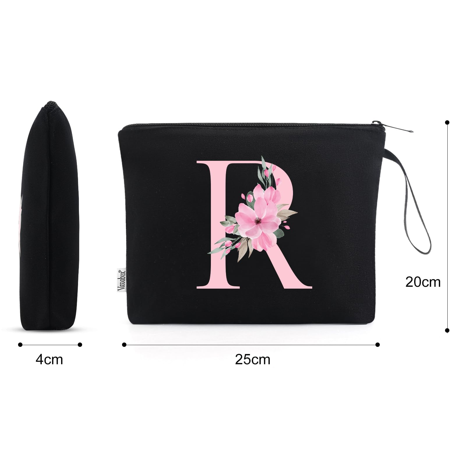 Vavabox A-Z personalized makeup bag letter print closeup, customizable initials as a gift.