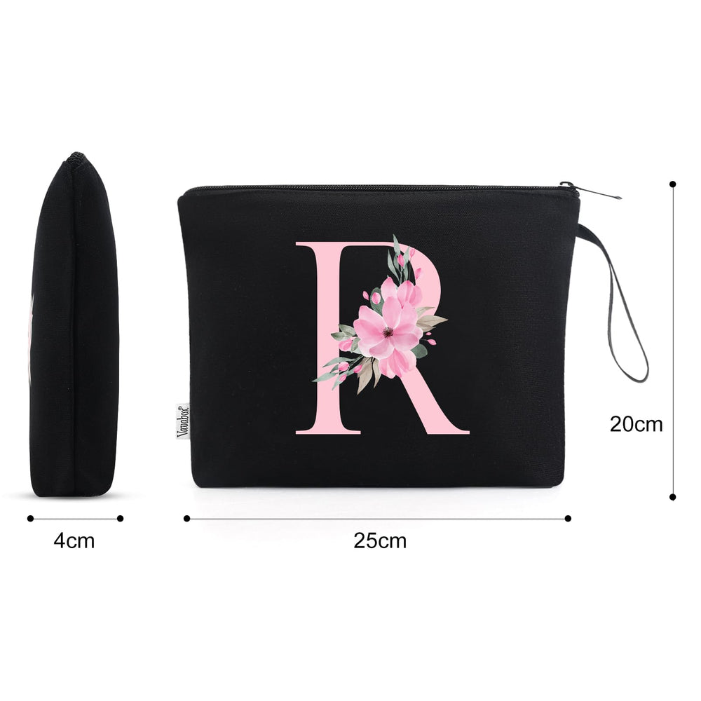 Vavabox A-Z personalized makeup bag letter print closeup, customizable initials as a gift.