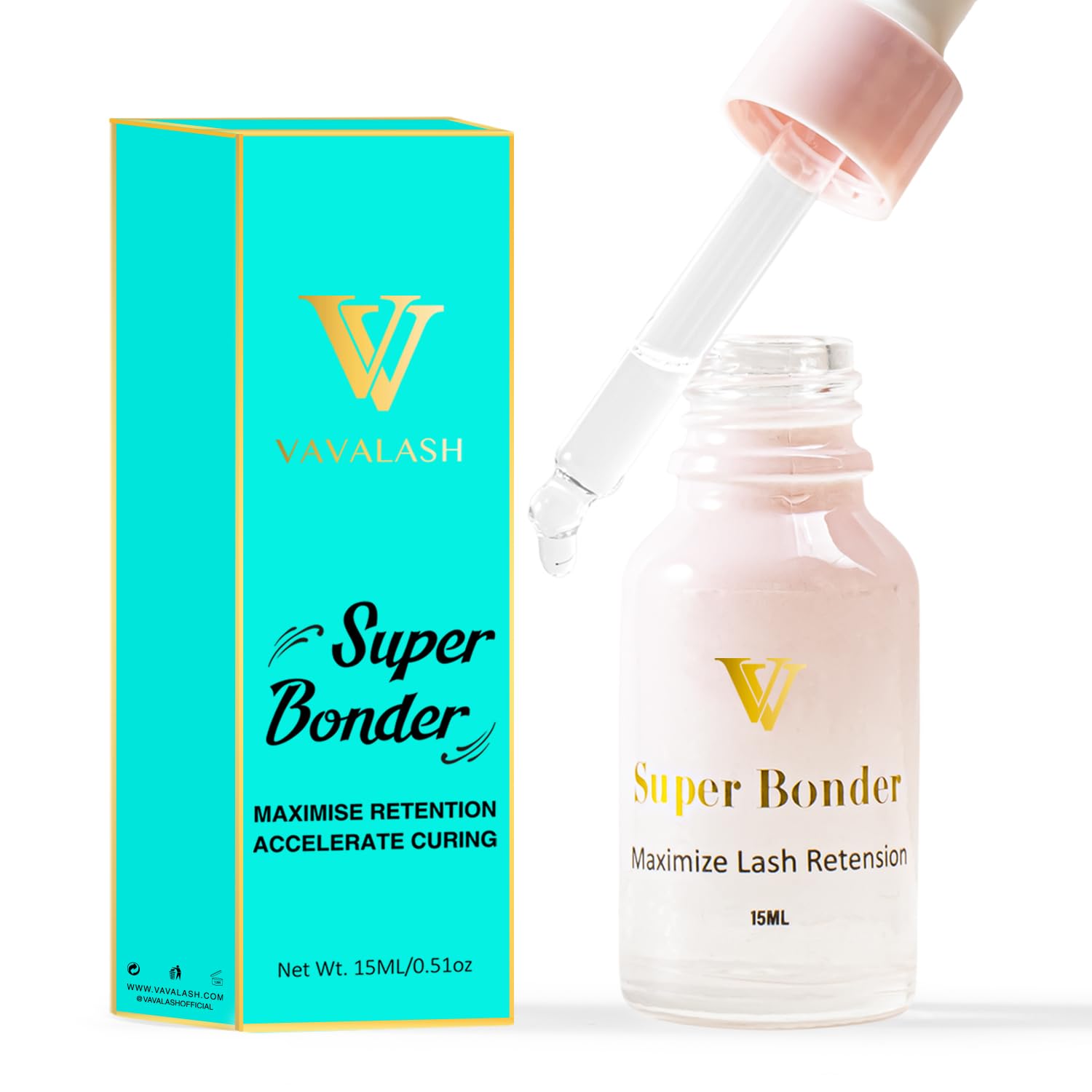 VAVALASH lash bonder bottle close-up shows quick-dry benefits for extensions.