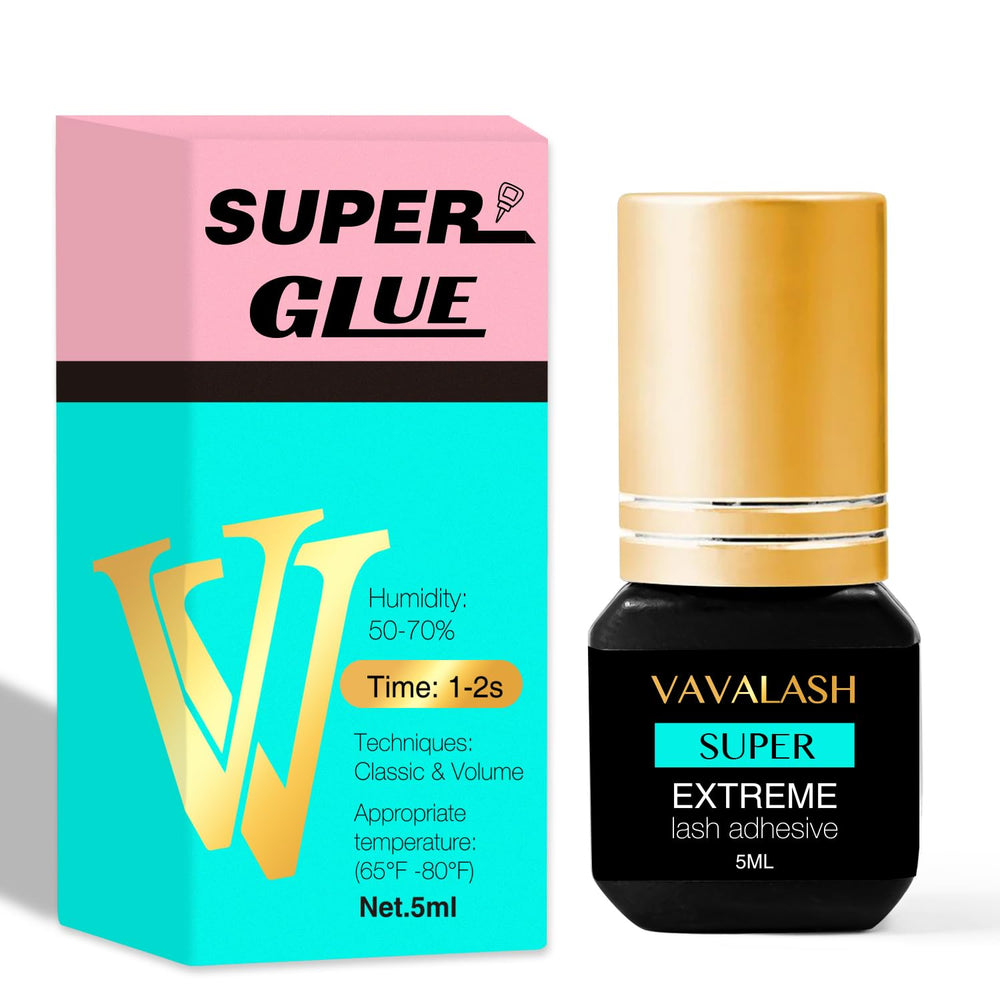 VAVALASH Infinit Super Eyelash Adhesive bottle close-up showing quick 1-second dry for efficient lash services