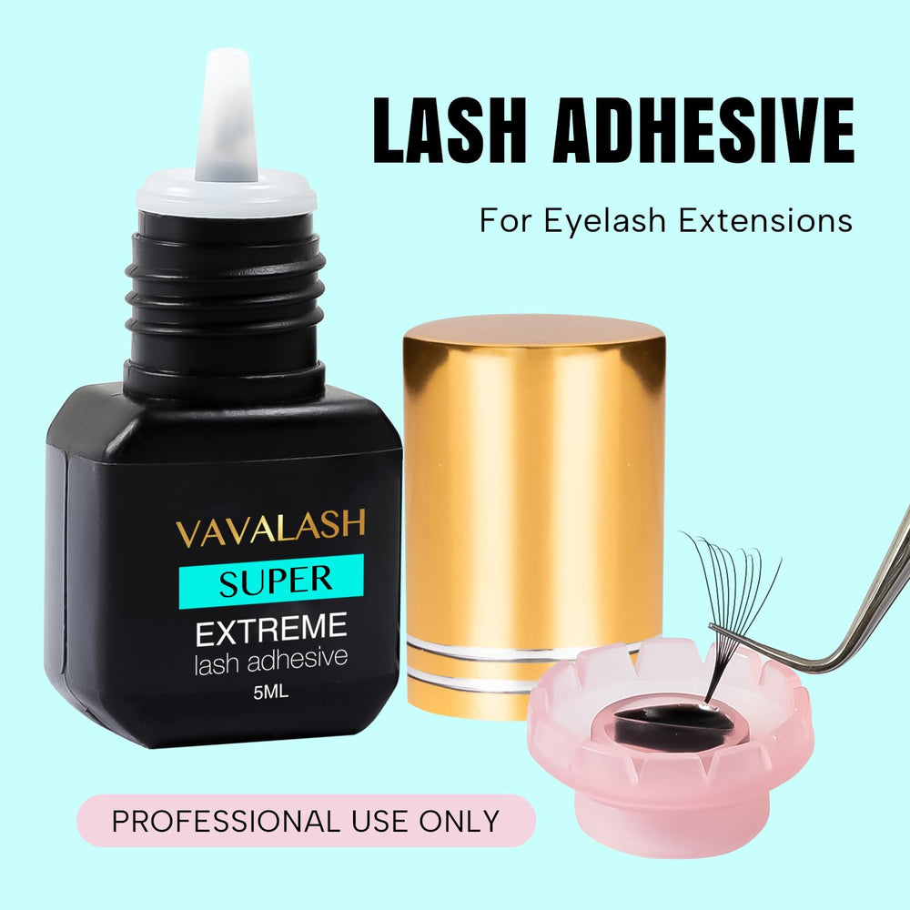 VAVALASH lash glue packaging on a clean surface emphasizing premium ingredients