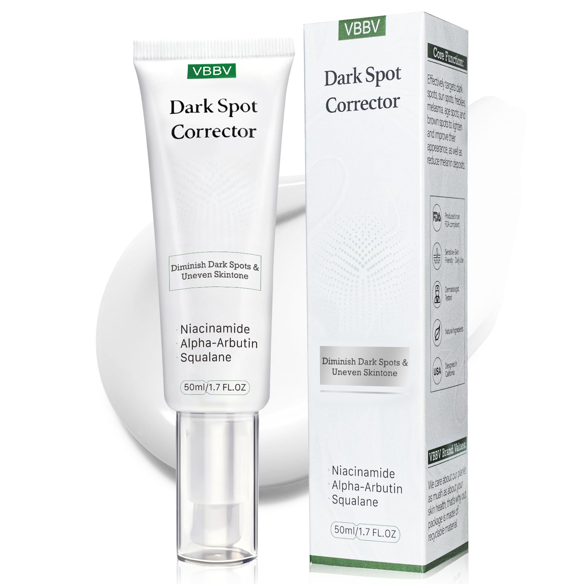 VBBV dark spot remover bottle closeup highlights formula for even-toned skin.