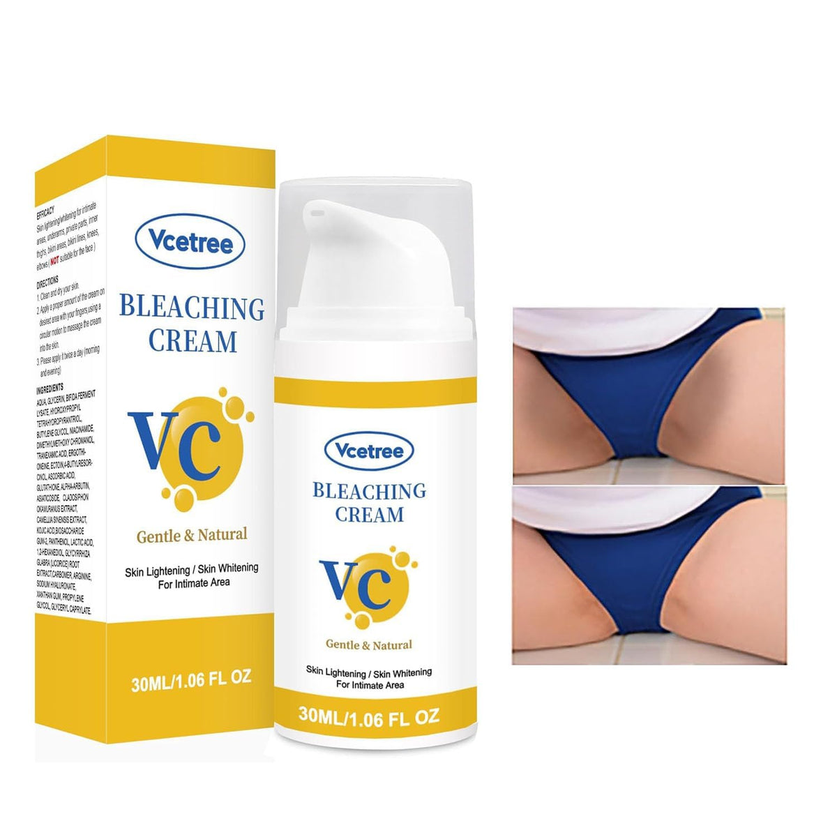 VCETree skin bleaching cream bottle emphasizes gentle formula for intimate areas.