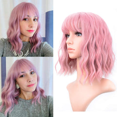 VCKOVCKO pastel wavy wig with air bangs in purple pink for daily wear.