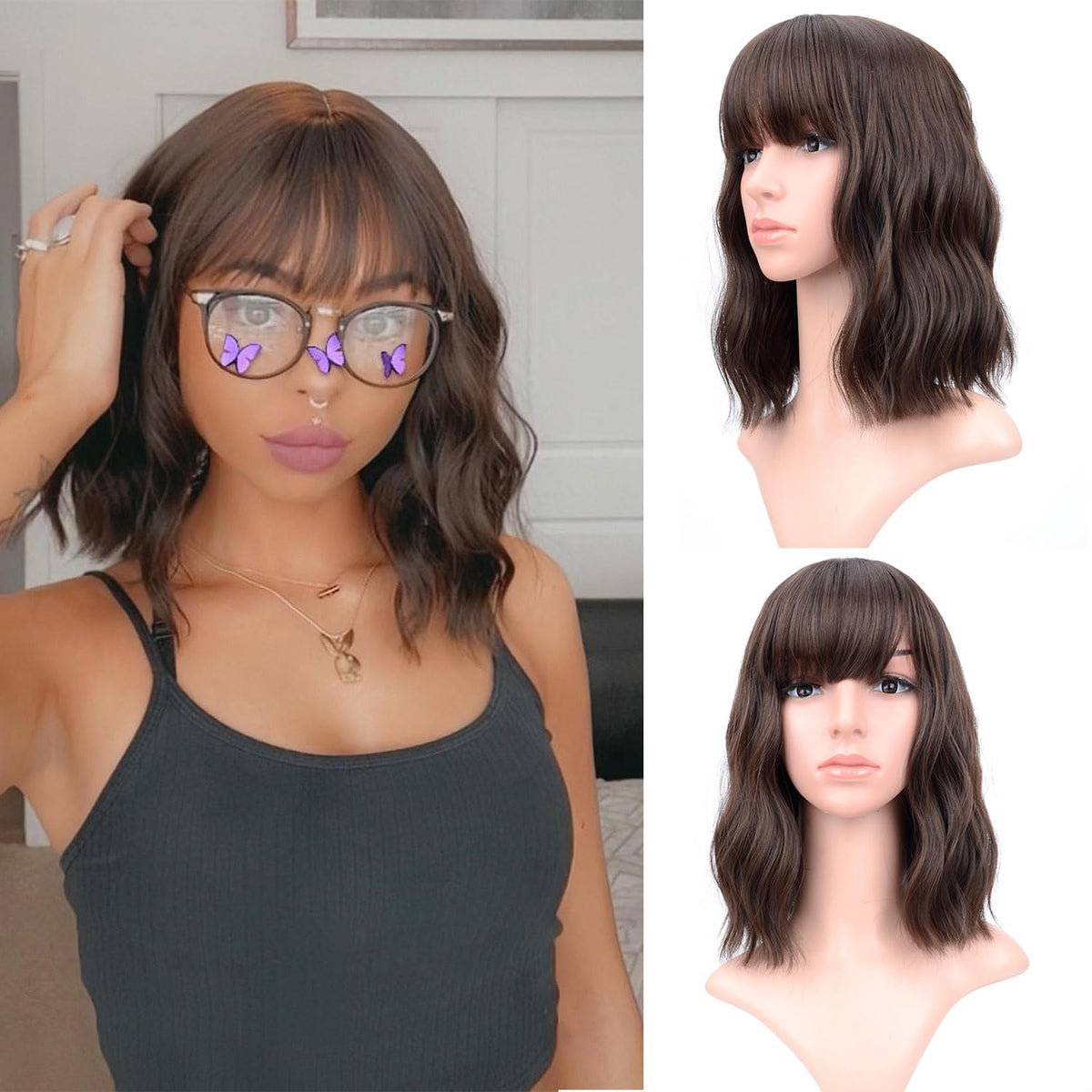 VCKOVCKO Short WaveWigs natural brown wig with air bangs for daily wear comfort.