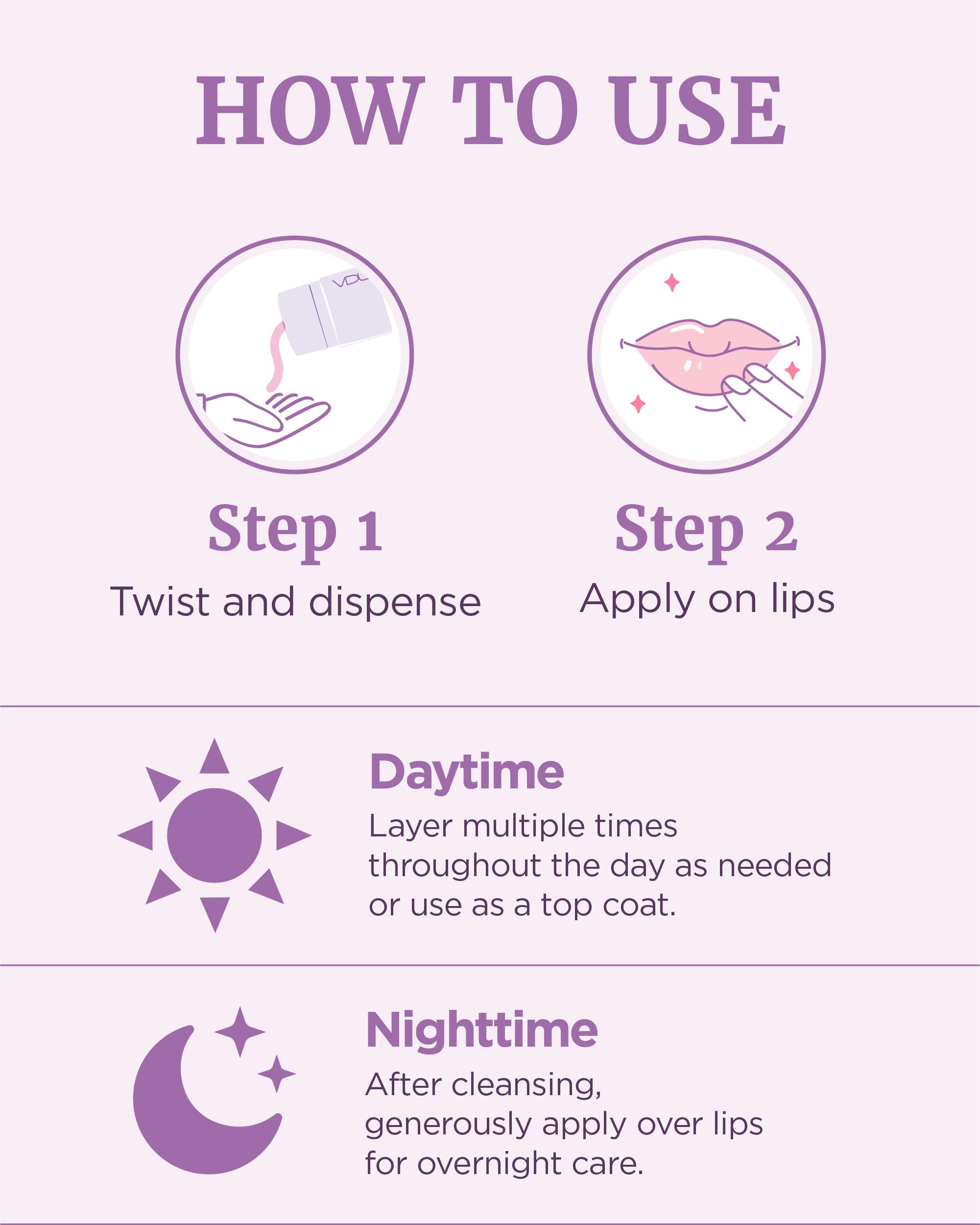VDL Lipcerin night ritual scene suggests overnight hydration for soft lips.
