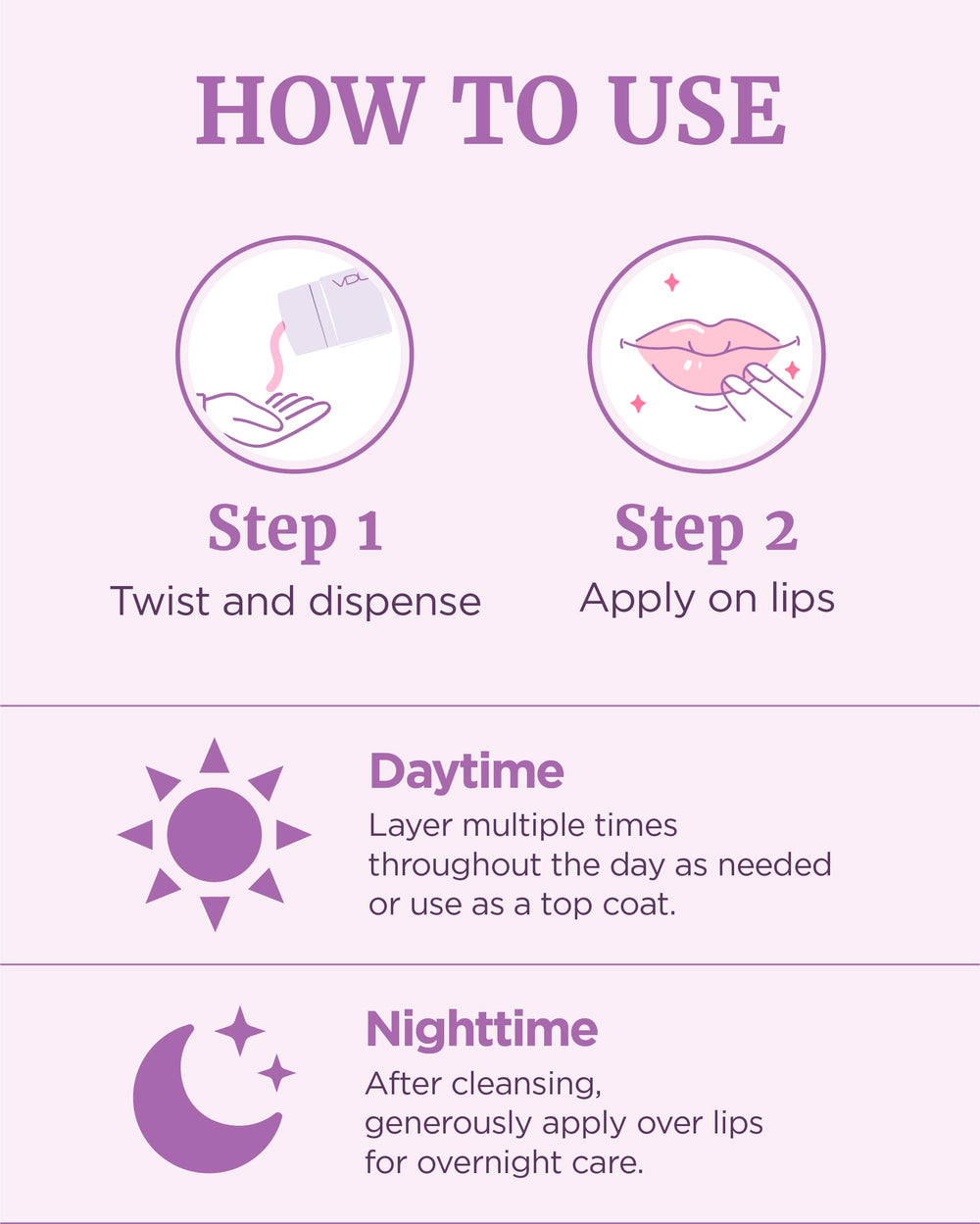 VDL Lipcerin night ritual scene suggests overnight hydration for soft lips.