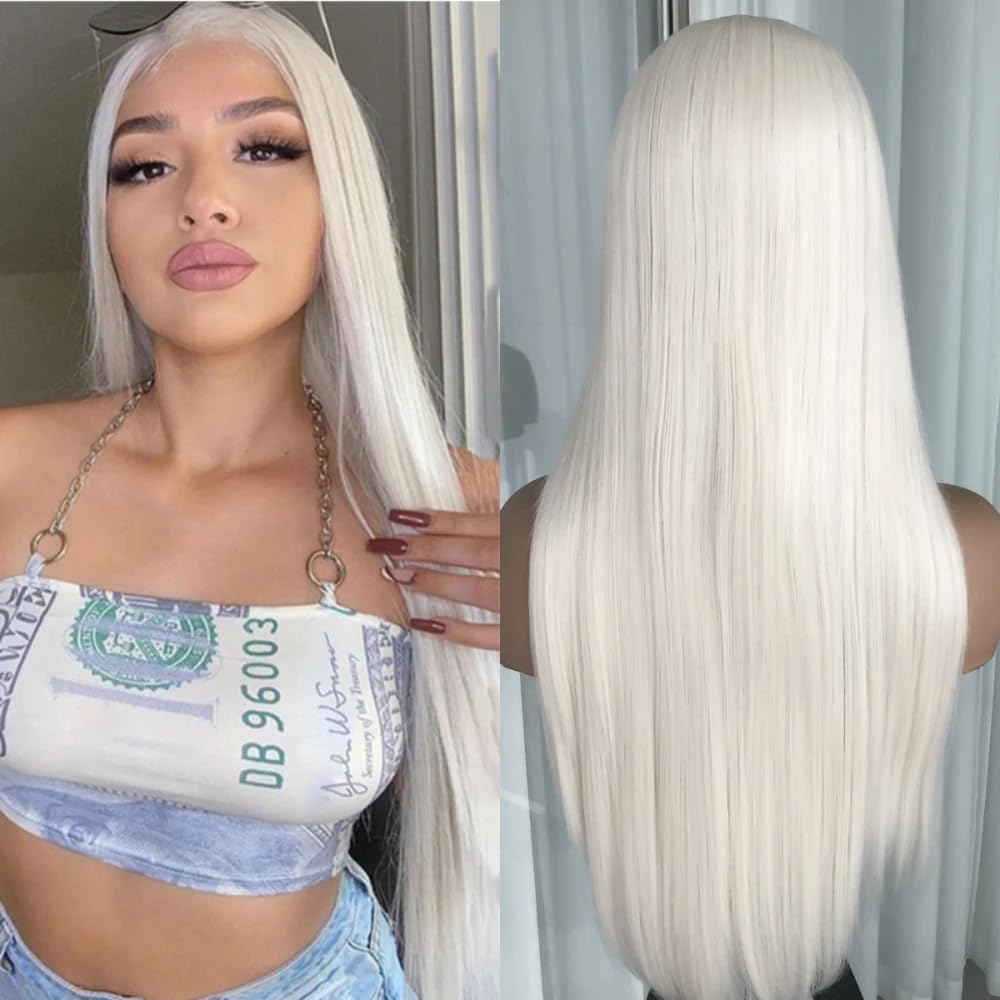 Veally platinum blonde 26 inch heat resistant fiber close up demonstrating durability