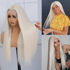 Veally platinum blonde 26 inch lace front wig side view showing versatile styling