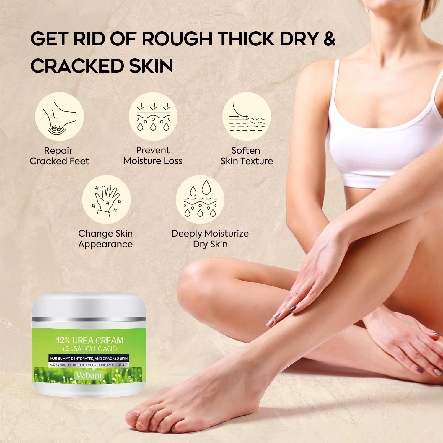 Vebuni Urea Cream 2% salicylic acid ingredient close-up for gentle exfoliation.