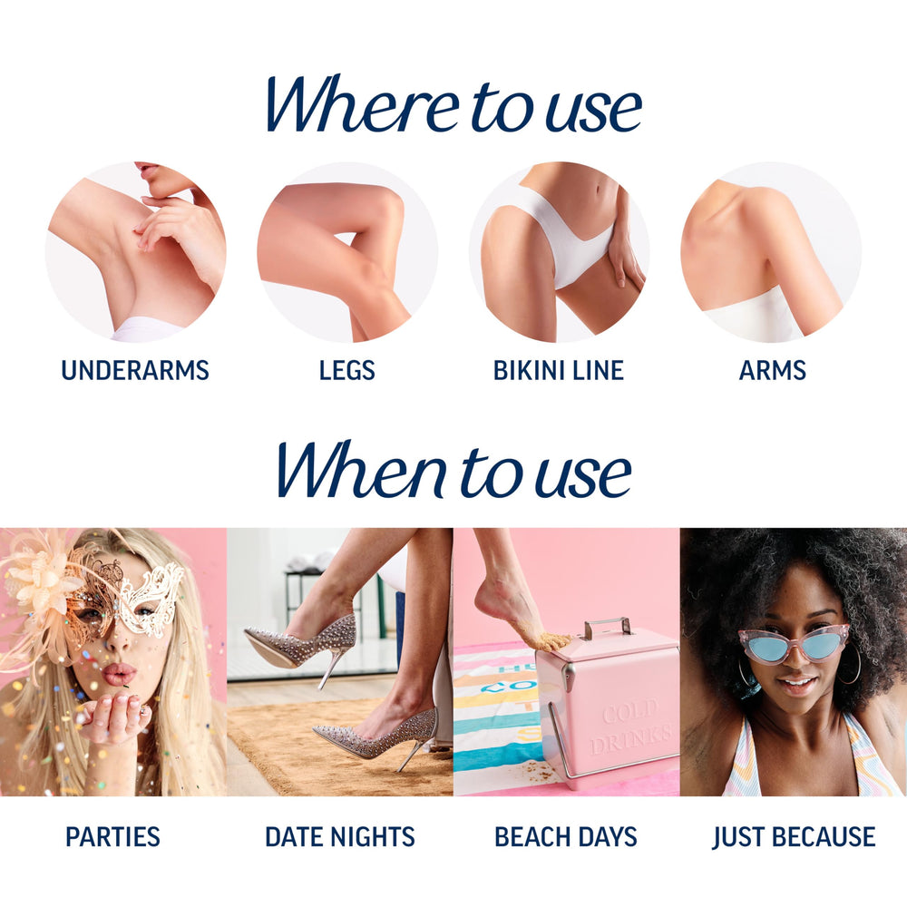 Applying Veet to bikini line illustrating gentle coverage for sensitive areas