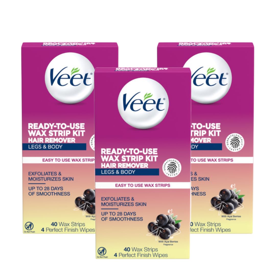 Veet cold wax strips triple-pack for convenient at-home waxing.