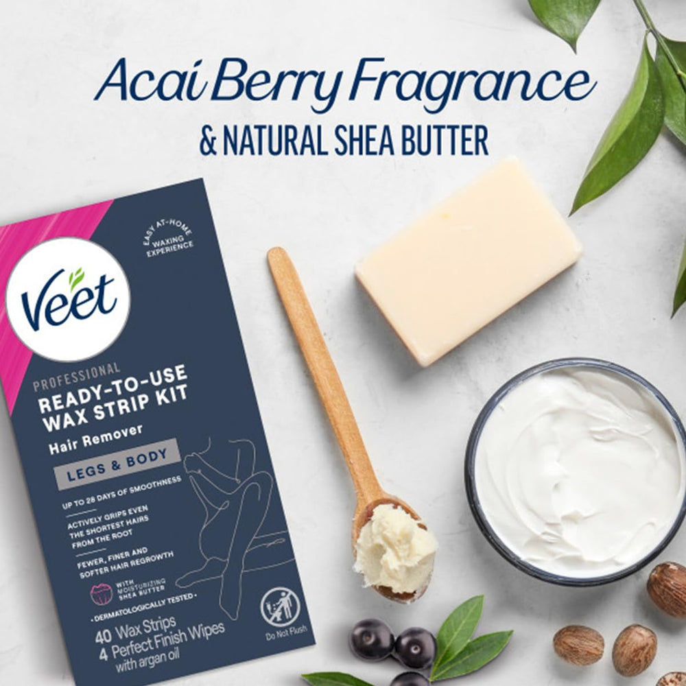 Veet easy-peel action at home shows quick strip separation for mess-free hair removal.
