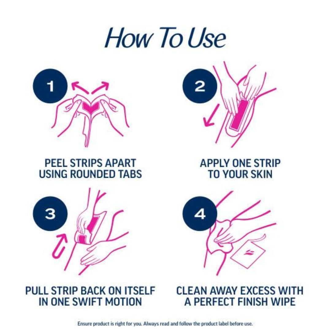 Veet ready-to-use cold wax strips application demonstrates quick, heat-free hair removal.
