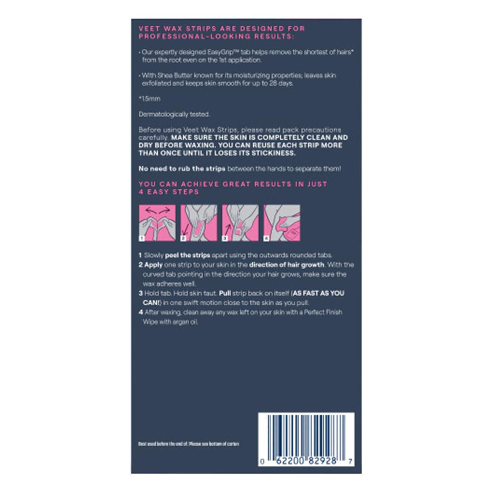 Veet wax strips application closeup shows easy-to-apply texture for painless removal.