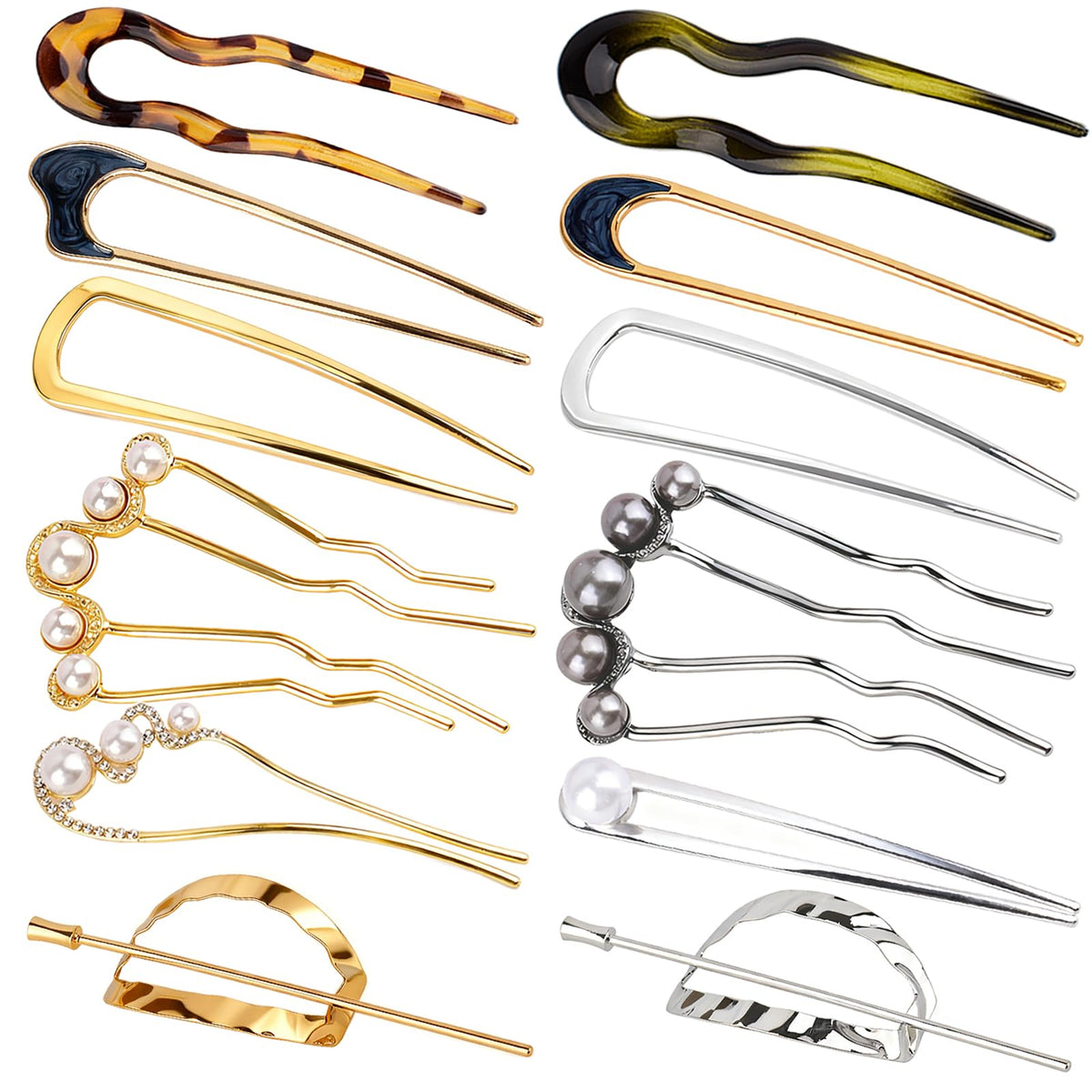 VEEVIIY French hair pins 12-pcs set closeup in gold, silver, tortoise for secure updos