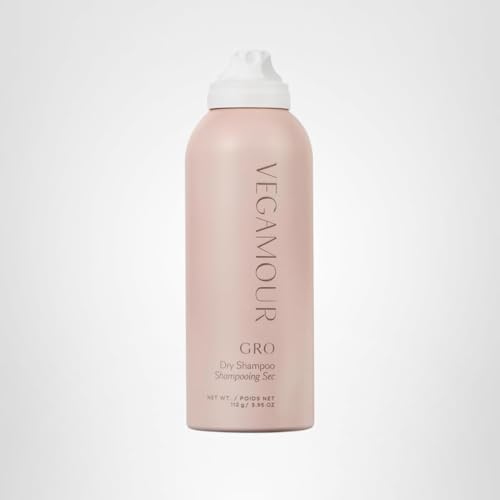 VEGAMOUR GRO Dry Shampoo close-up of label emphasizing vegan, cruelty-free formula