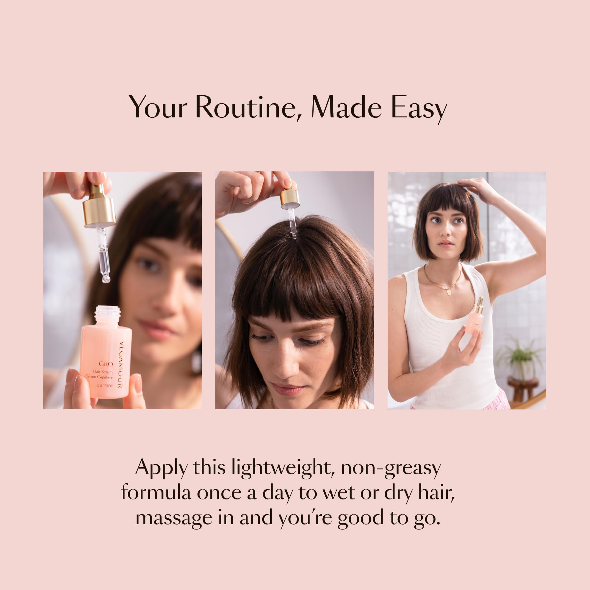VEGAMOUR GRO Hair Serum bottle massage scalp showing revitalization.