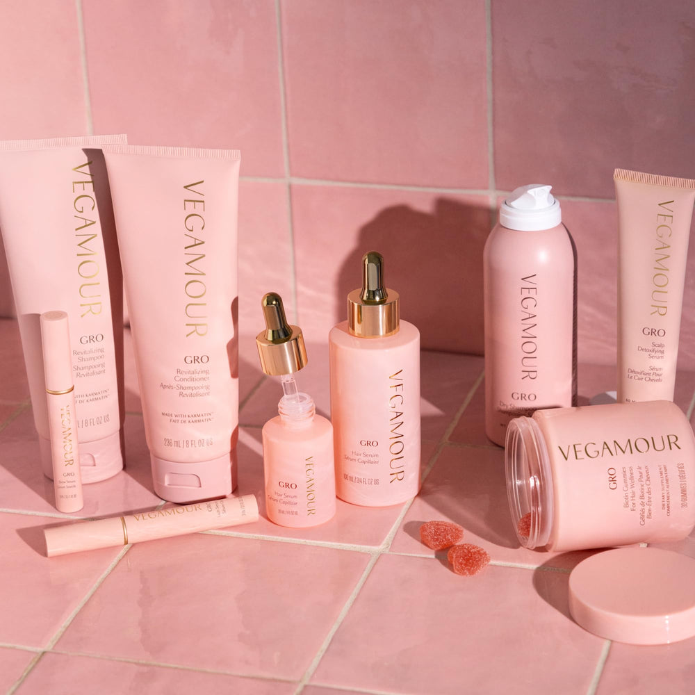 VEGAMOUR GRO Hair Serum visuals showing healthier-looking strands