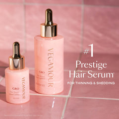 VEGAMOUR GRO Hair Serum ingredients graphic with caffeine and biotin for thicker-looking hair.