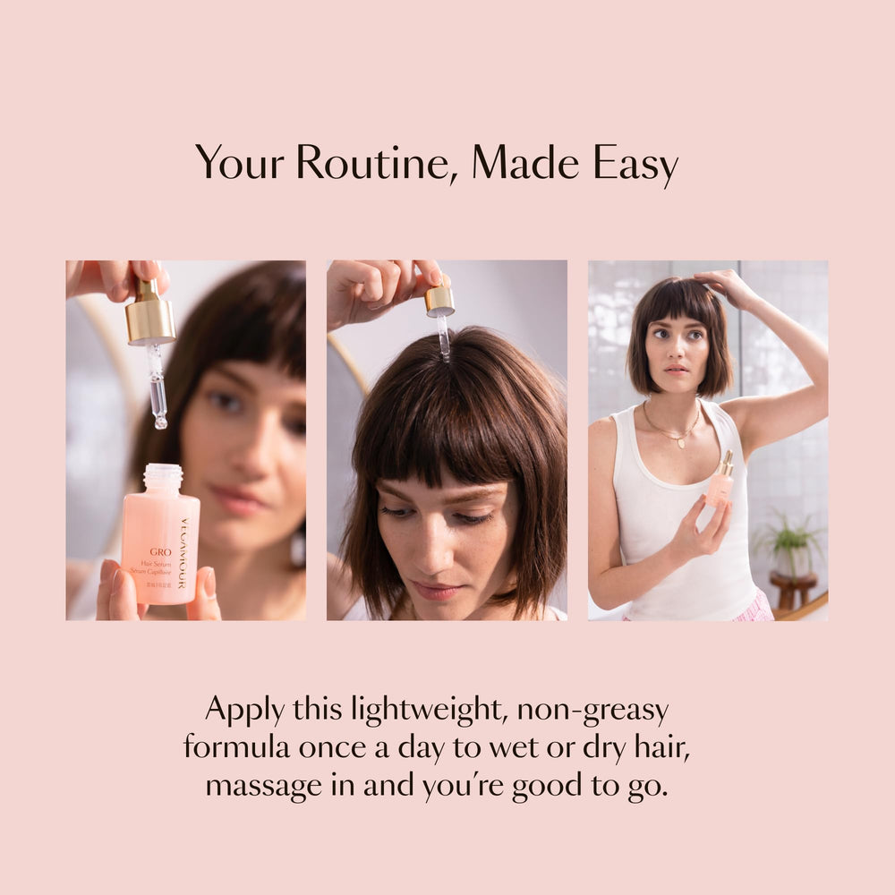 VEGAMOUR GRO Hair Serum bottle with texture close-up highlights water-based formula