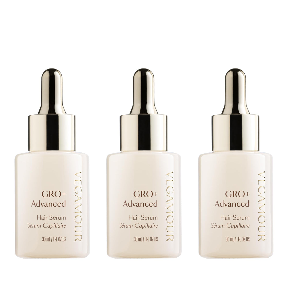VEGAMOUR GRO+ bottle close-up showing a lightweight serum for daily use.