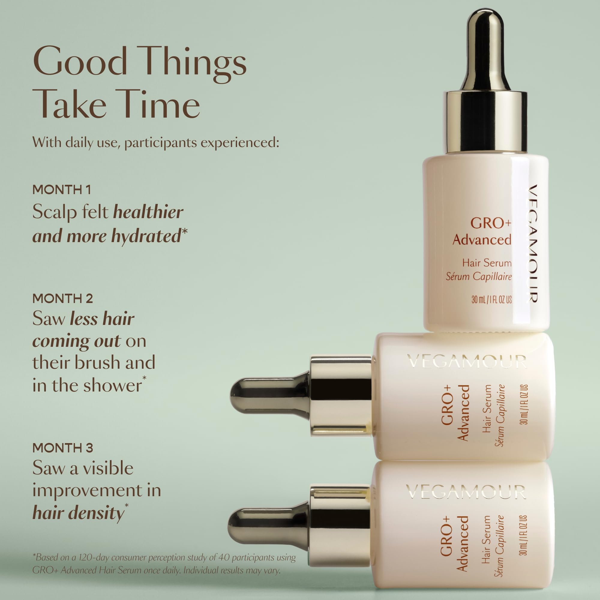 VEGAMOUR GRO+ vegan label signals clean, cruelty-free formulation.