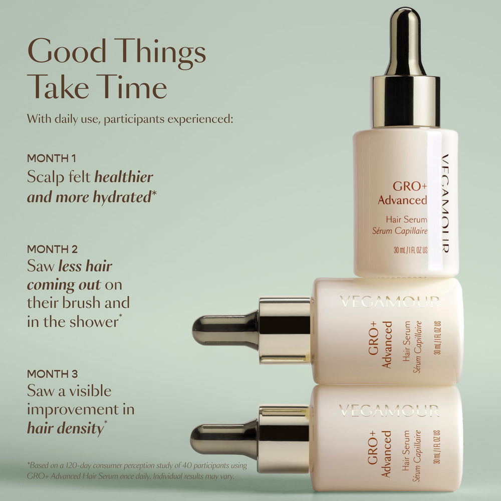 VEGAMOUR GRO+ vegan label signals clean, cruelty-free formulation.