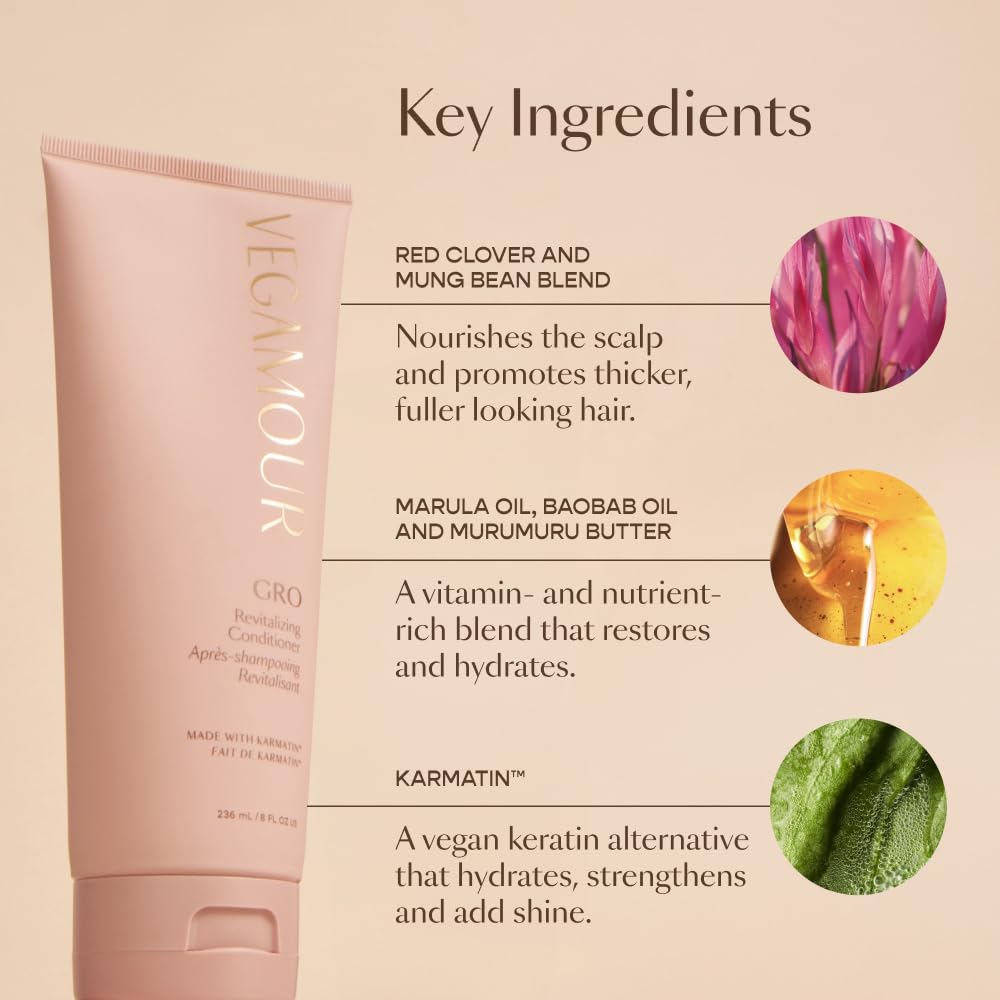 VEGAMOUR GRO Revitalizing Conditioner texture close-up shows creamy hydration.