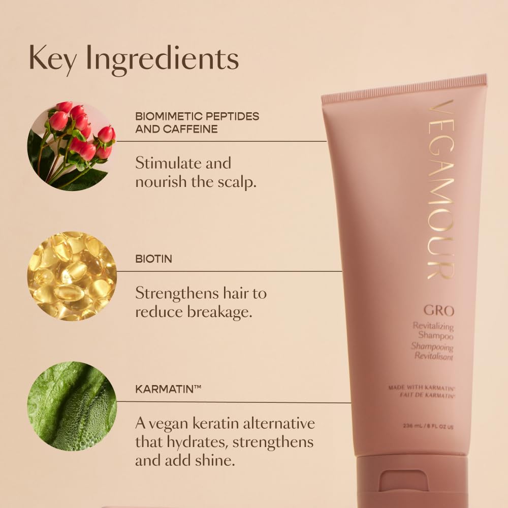 VEGAMOUR GRO Revitalizing Shampoo color-safe bottle on shelf signals clean ingredients.