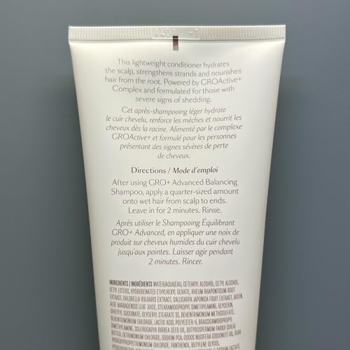 VEGAMOUR GRO+ Balancing Conditioner label closeup emphasizes silicone-free and color-safe care