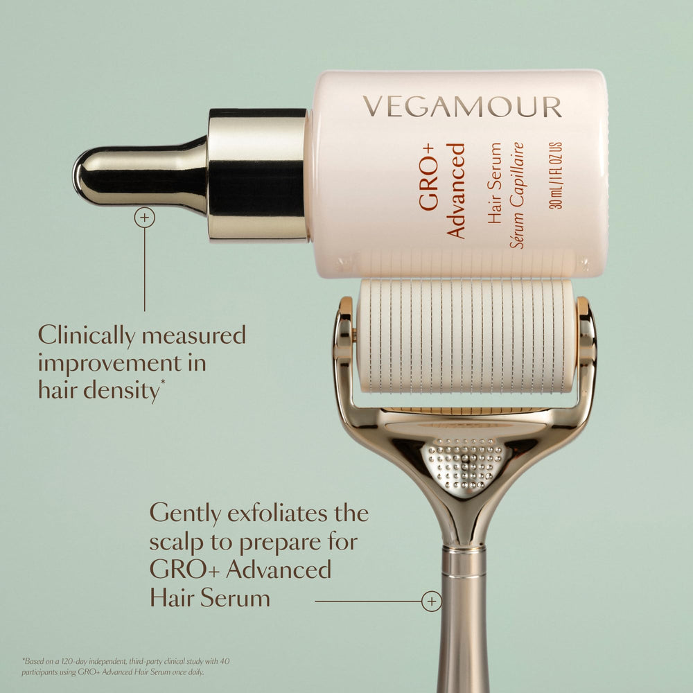 VEGAMOUR GRO+ during-use hair-part shot highlights precise rolling along sections.
