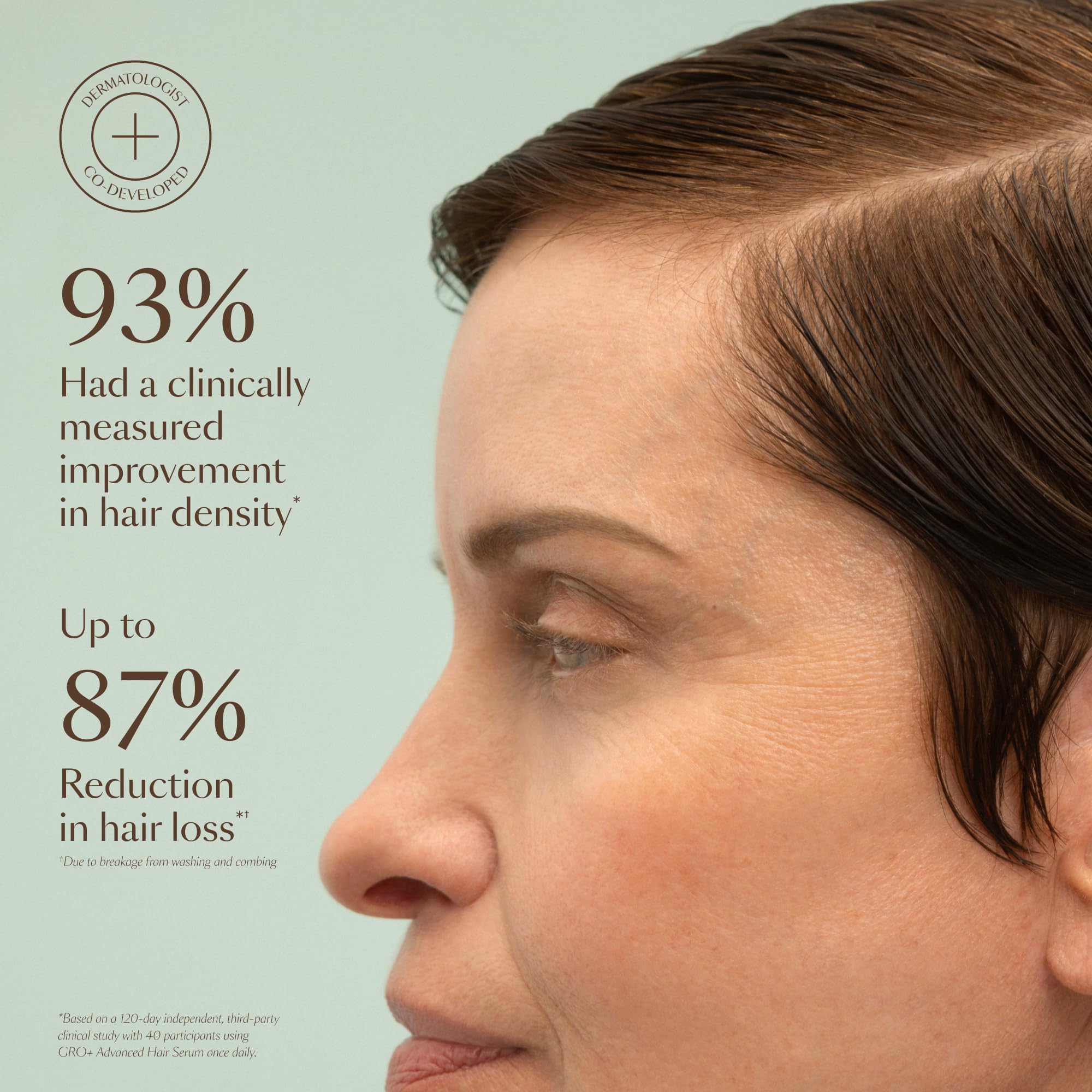 VEGAMOUR GRO+ serum pump close-up showing quick-absorbing application for scalp care.