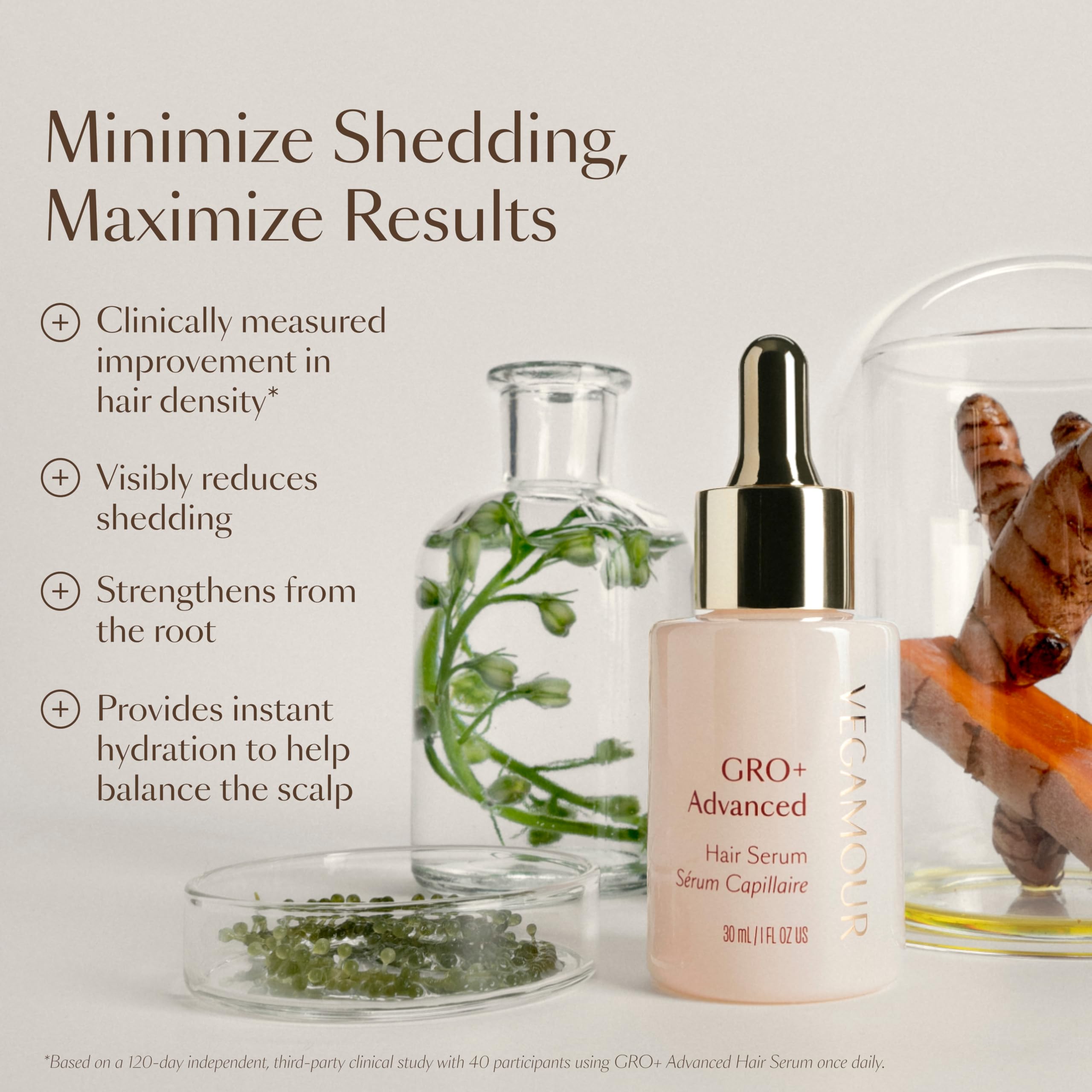 VEGAMOUR GRO+ serum texture dispersion shows lightweight, non-greasy feel.