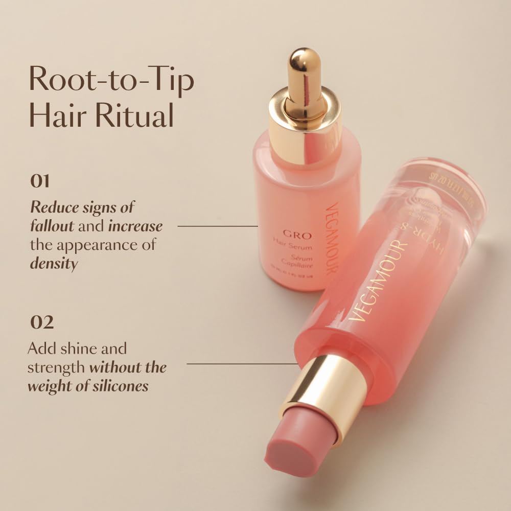 VEGAMOUR HYDR-8 before-after frame hints frizz reduction and shine.