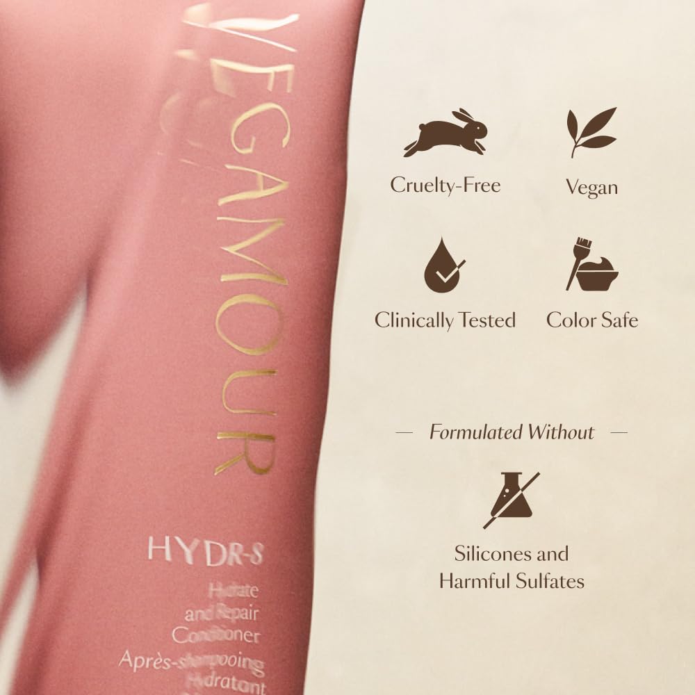 VEGAMOUR HYDR-8 frizz-control action shot hints at long-lasting manageability.