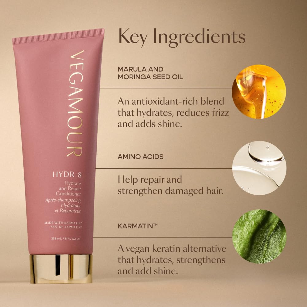 VEGAMOUR HYDR-8 karmatin vegan keratin detail reinforces hair strength.