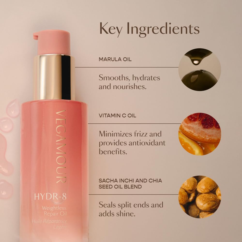 VEGAMOUR HYDR-8 marula oil blend visualization signals strengthened strands.