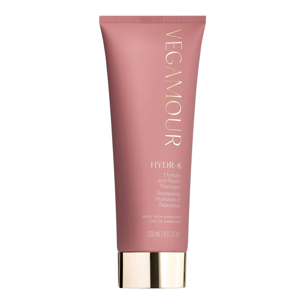 VEGAMOUR HYDR-8 shampoo bottle demonstrates vegan hydration for frizz control and shine.