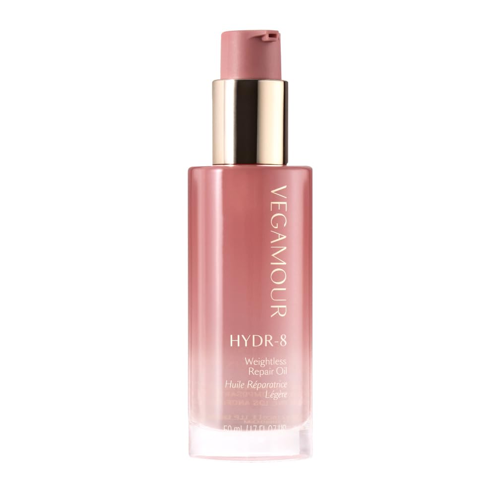 VEGAMOUR HYDR-8 bottle emphasizing weightless repair and natural shine for all hair types.