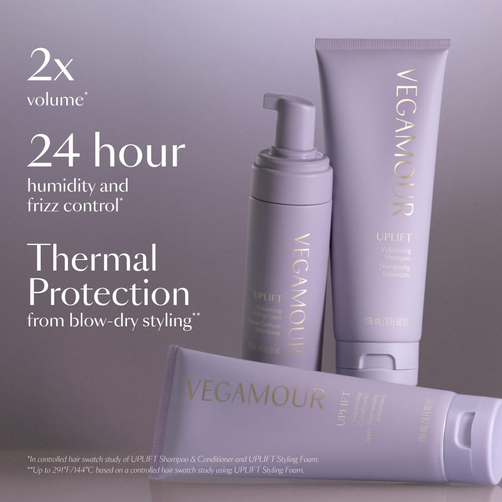 VEGAMOUR UPLIFT foam dispense closeup shows even application for lasting volume.