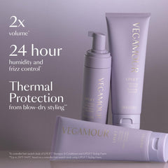 VEGAMOUR UPLIFT foam dispense closeup shows even application for lasting volume.