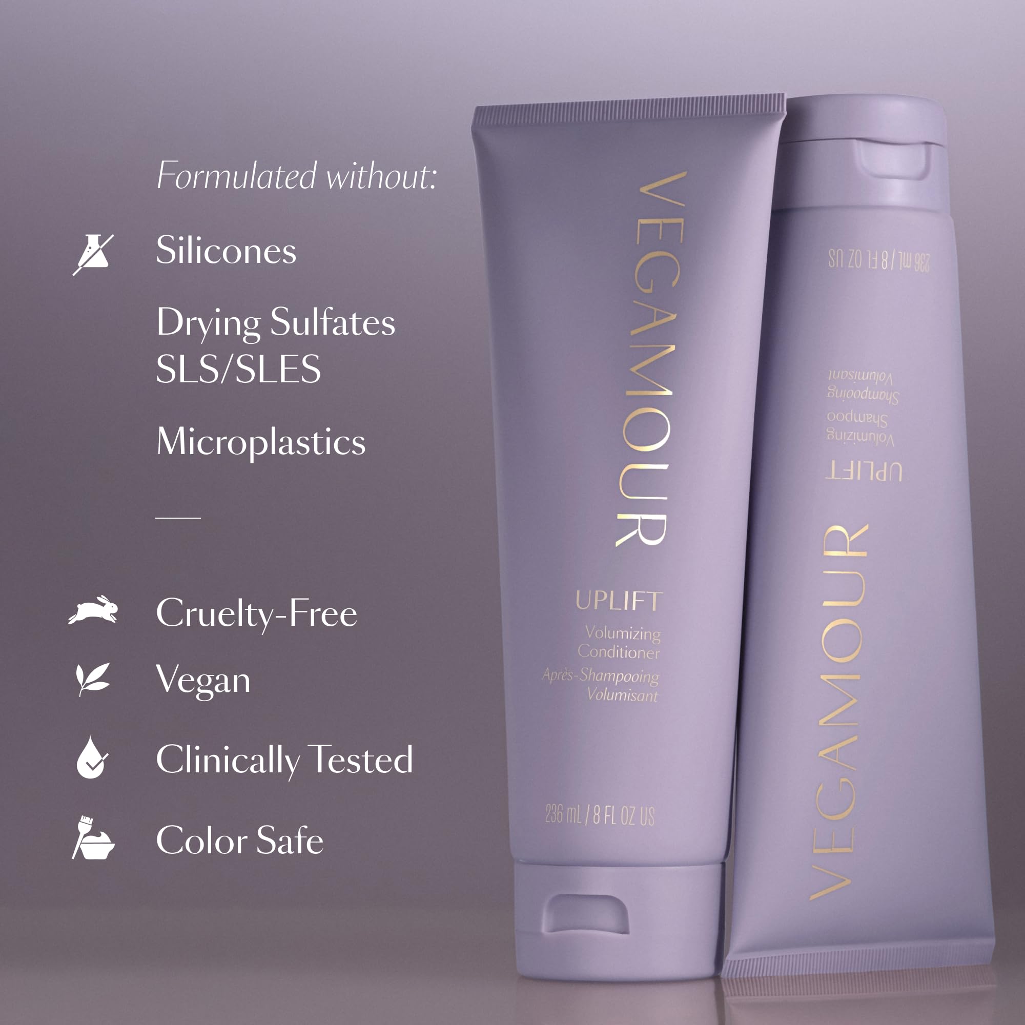 VEGAMOUR UPLIFT shampoo for fine hair shows lightweight cleansing and lift