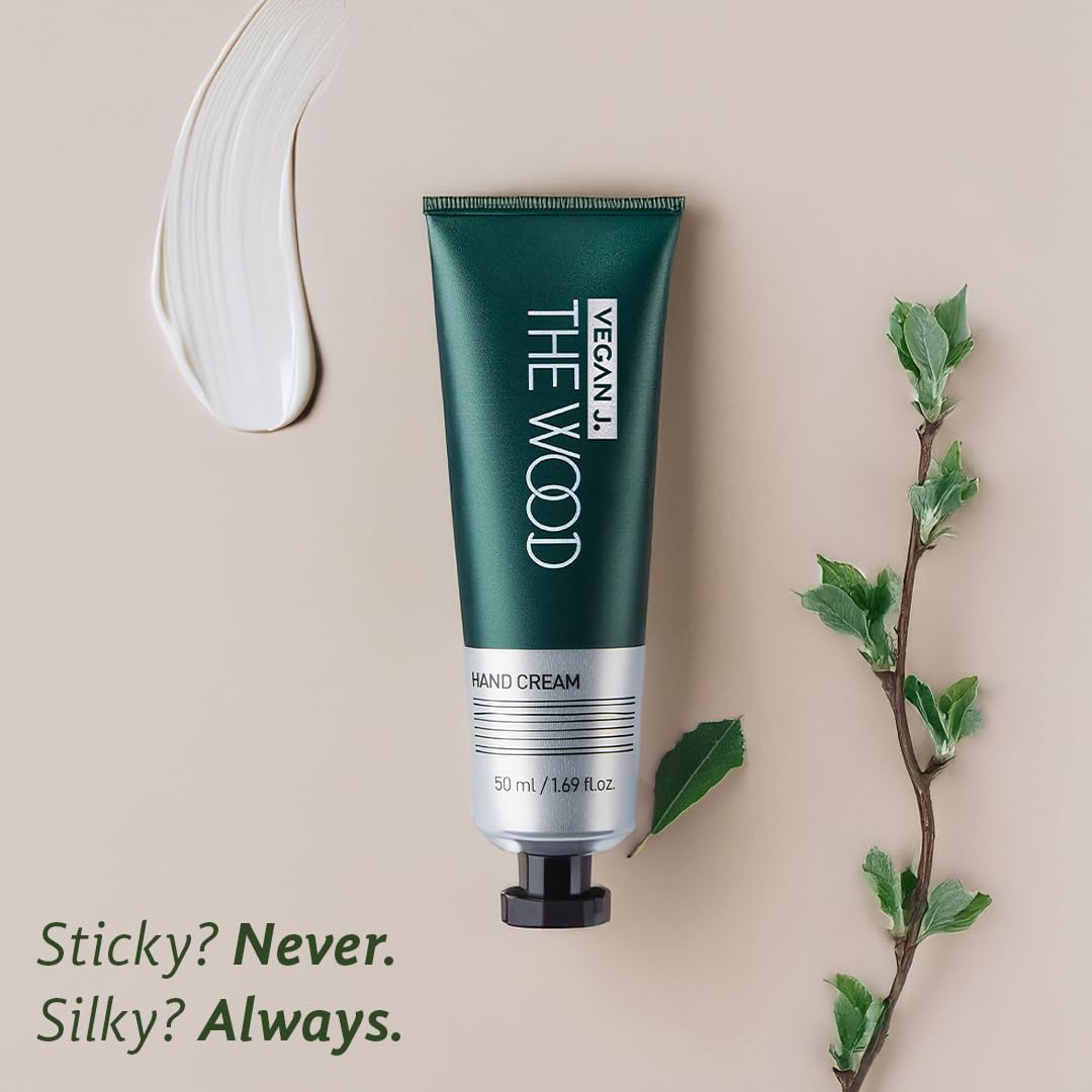 Vegan J. Wood Hand Cream texture close-up reveals creamy, fast-absorbing formula.