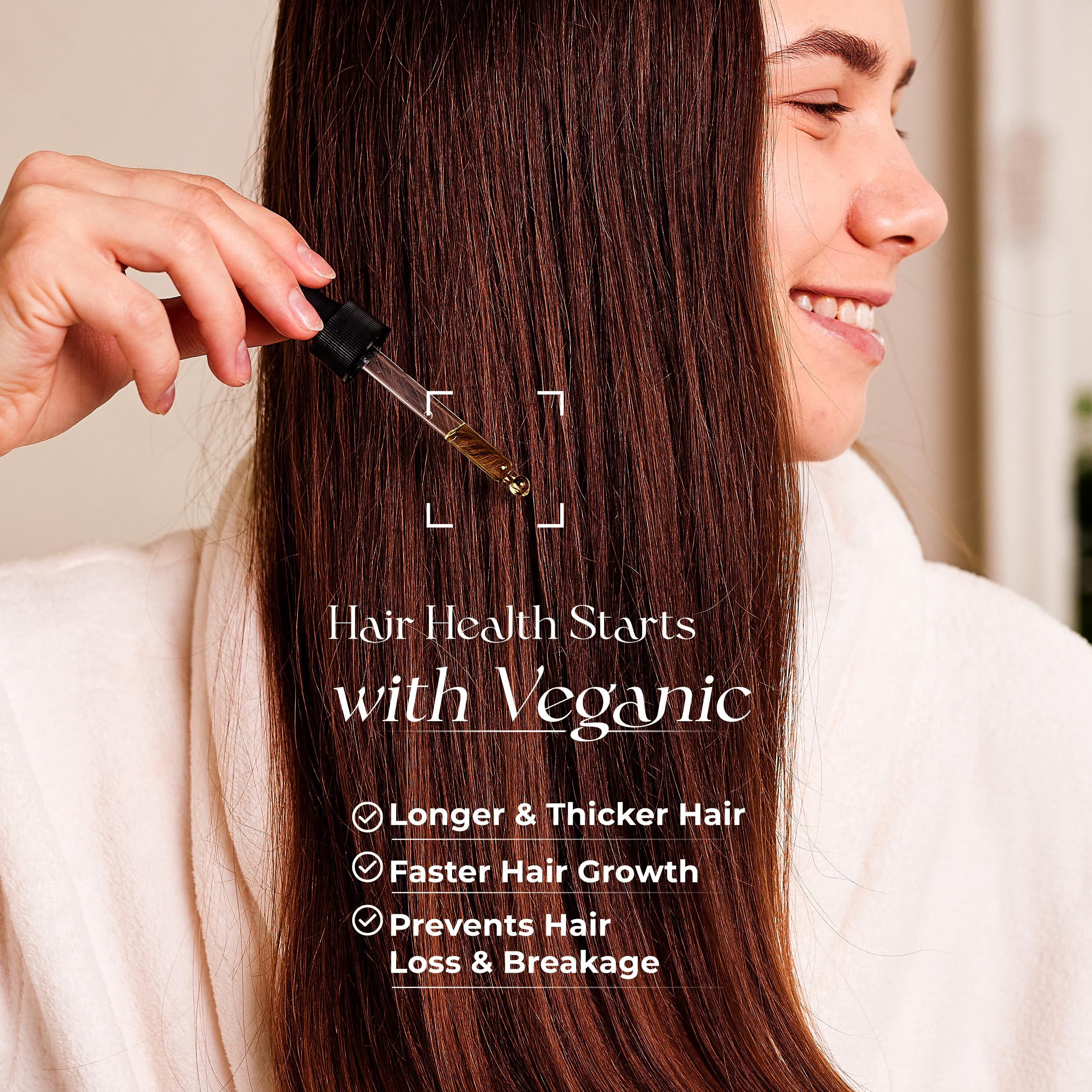 Veganic Hair Growth Oil bottle close-up emphasizes lightweight non greasy nourishment