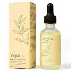 Veganic Hair Growth Oil bottle pour shows premium botanical blend for scalp nourishment