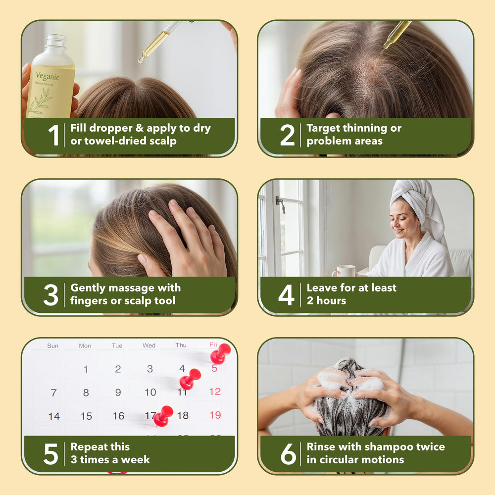 Veganic hair-thickening results depiction hints at potential volume and shine