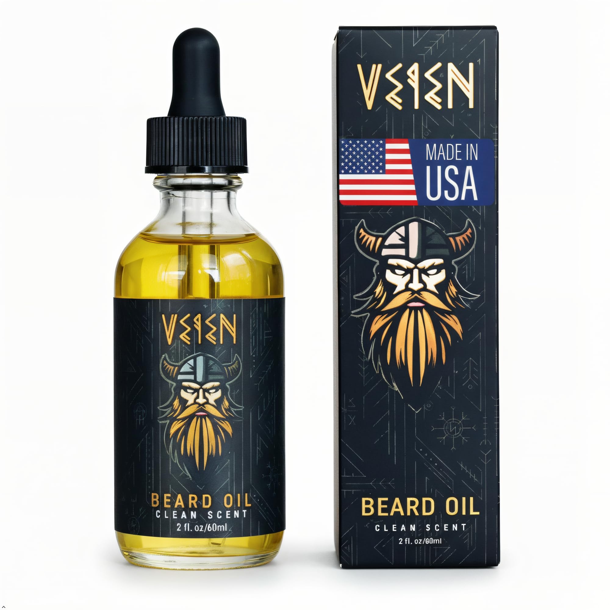 Veien beard oil bottle pour demonstrates beard hydration (brand product in use).
